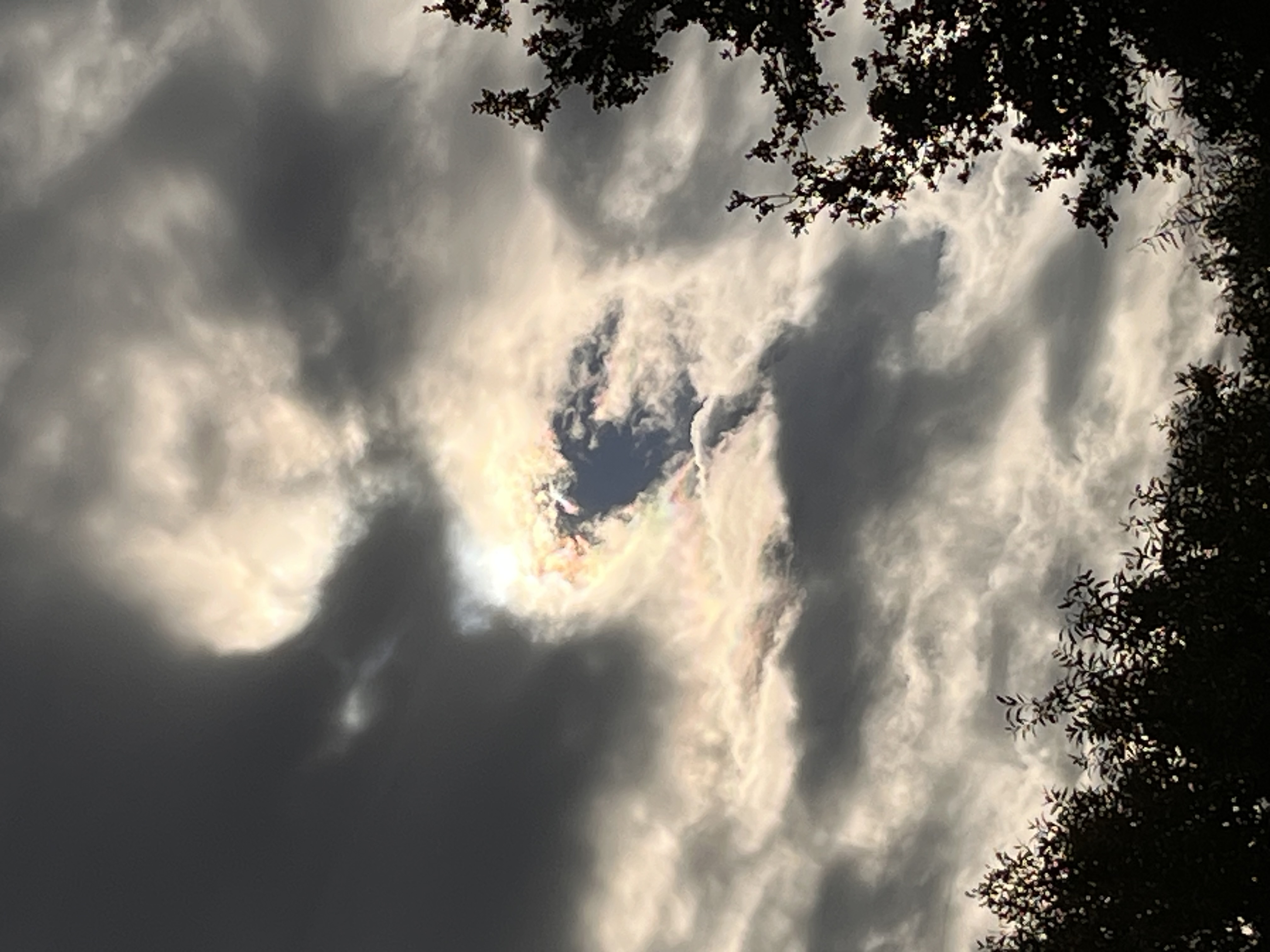 the eclipse covered up by the clouds. the clouds appear dark grey in the shade but there are less dense spots where they appear a light gold color.